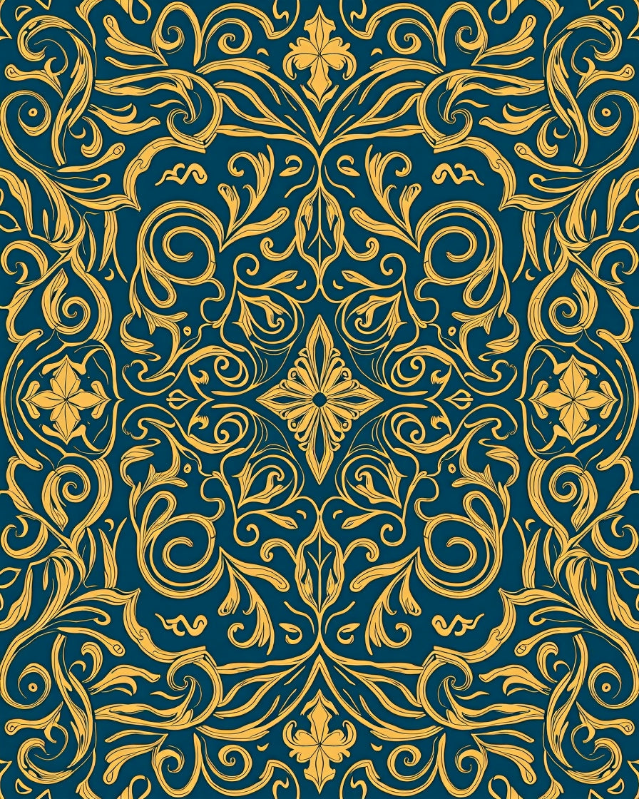 Ornate Golden Scrollwork Pattern Rug