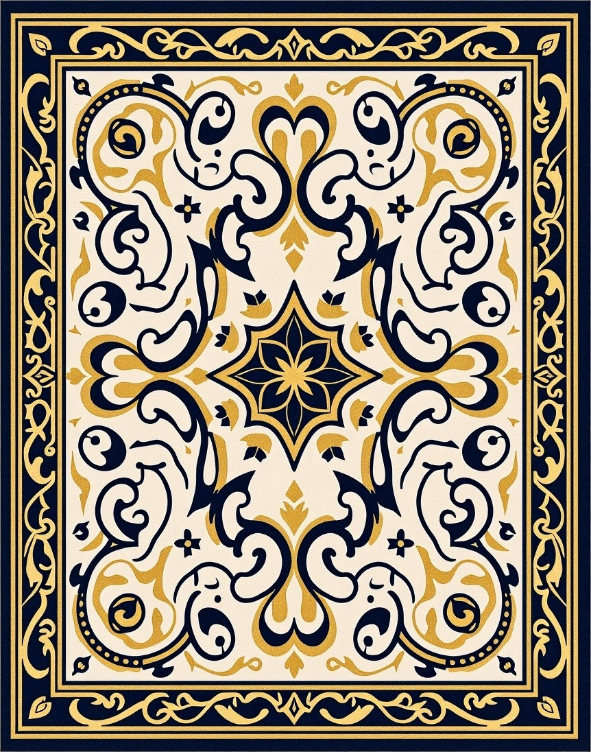 Elegant Navy Gold Scrollwork Pattern Rug
