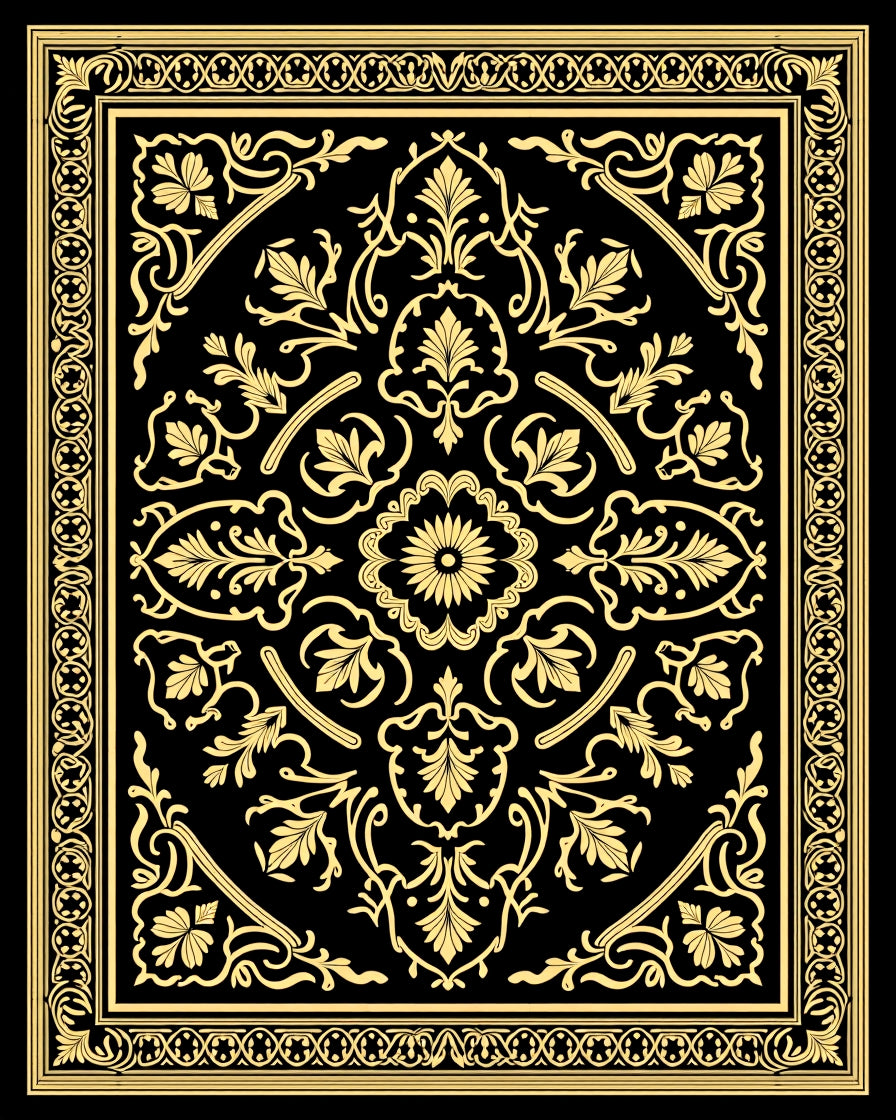 Ornate Gold Black Botanical Style Rug