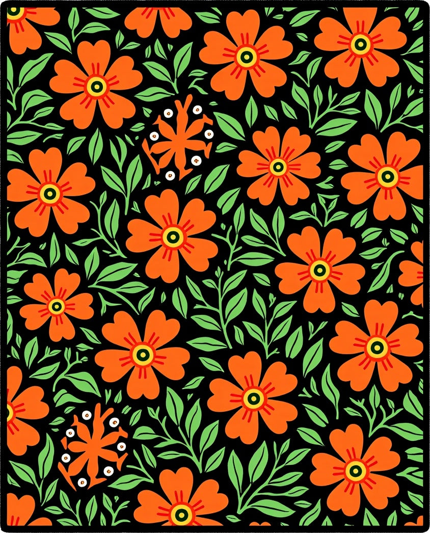 Bold Orange Floral Pattern Rug
