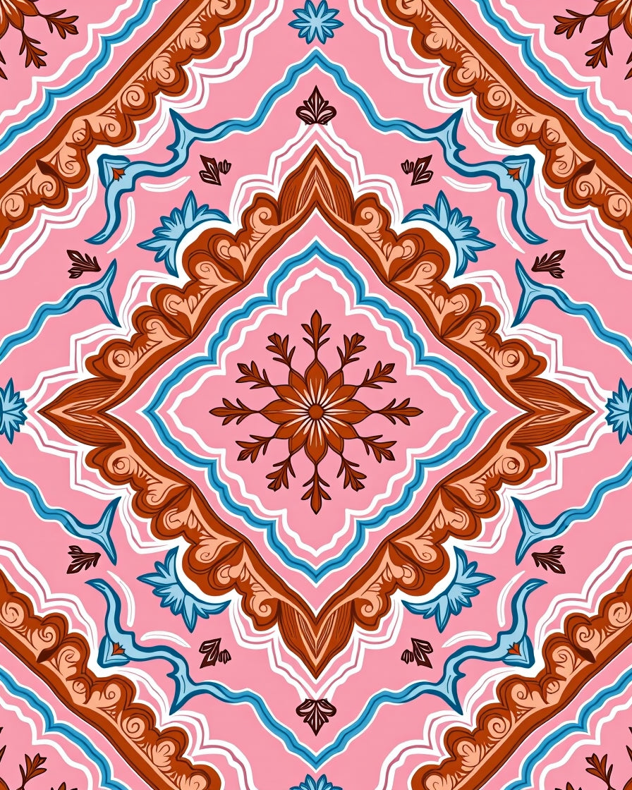 Pink Brown Blue Floral Symmetry Rug
