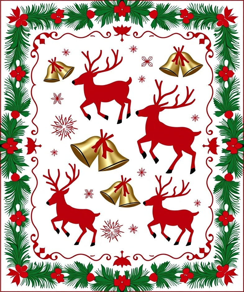 Red Reindeer Gold Bells Evergreen Border Rug