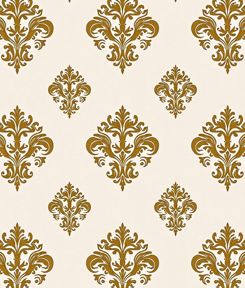 Ornate Gold Leaf Damask Pattern Rug