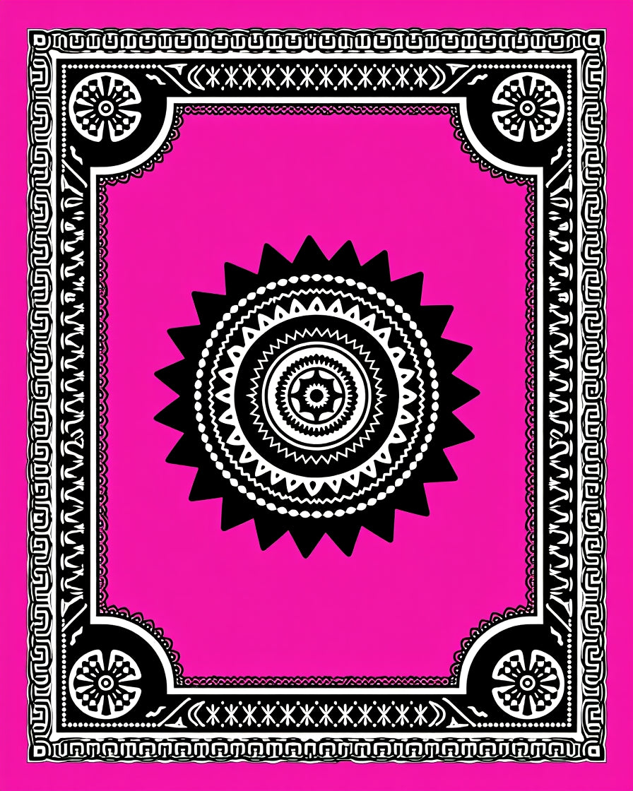 Black Floral Sunburst Tribal Border Rug