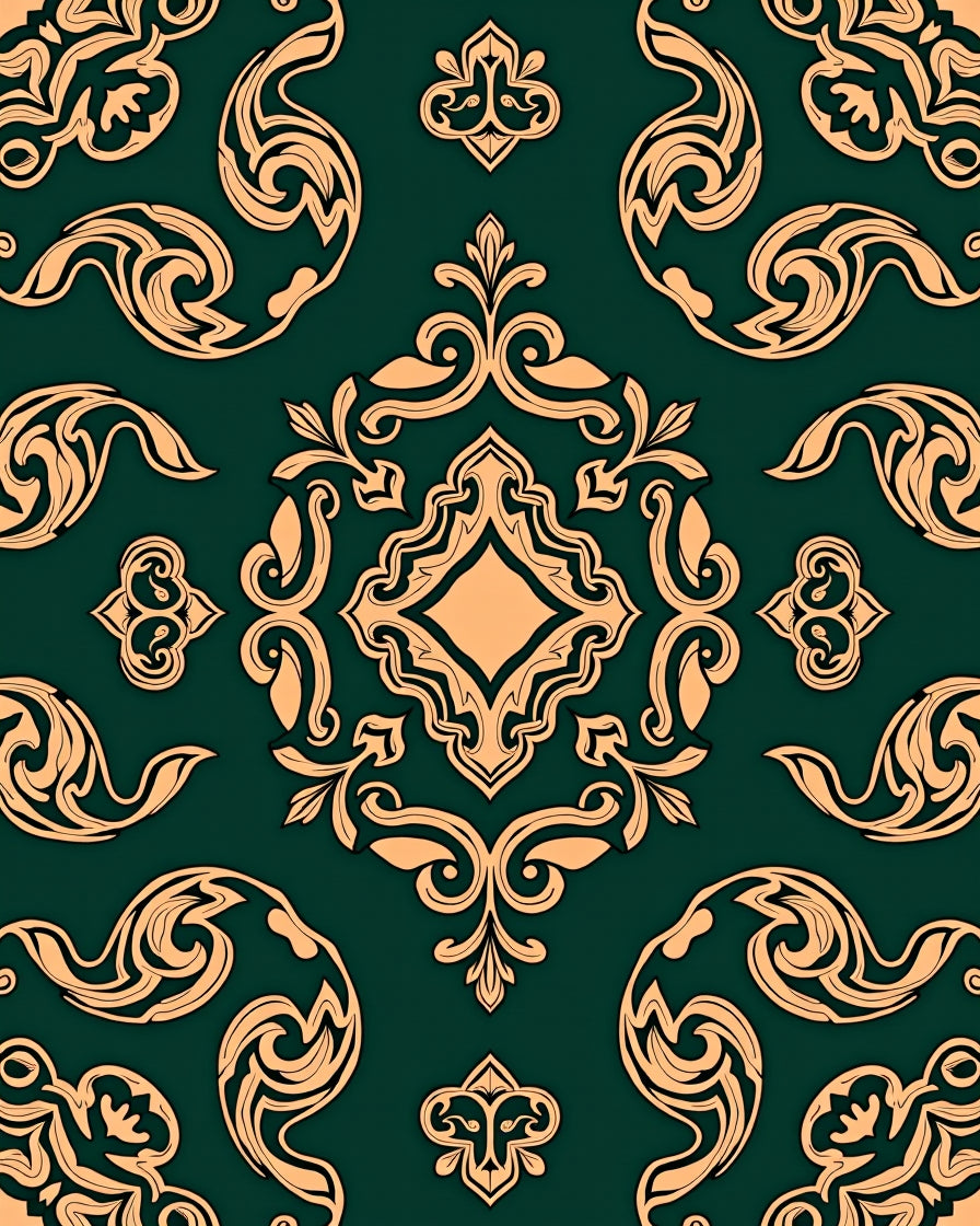 Ornate Emerald and Gold Filigree Pattern Rug