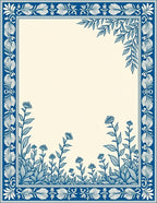 Detailed Floral Botanical Blue White Frame Rug