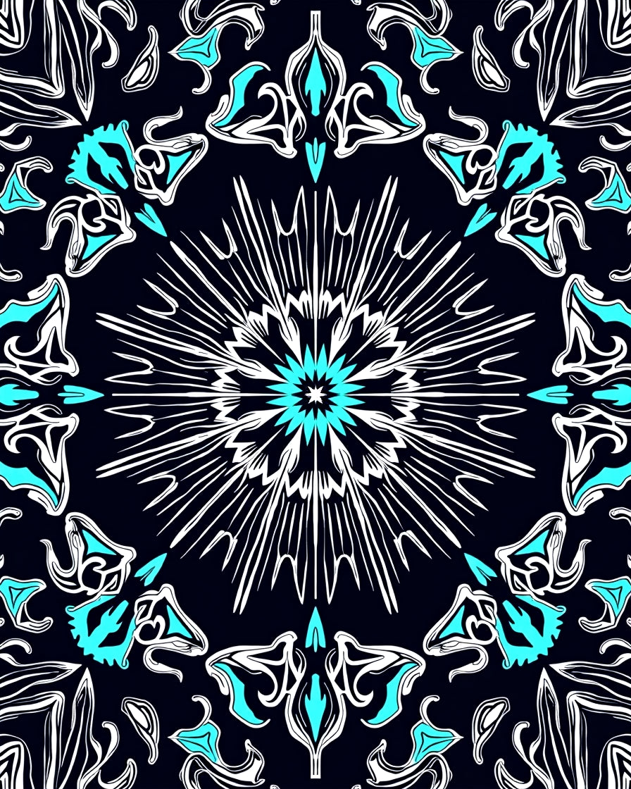 Striking Teal White Symmetrical Pattern Rug