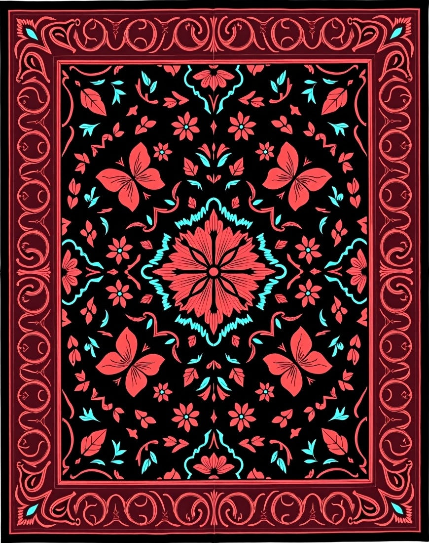 Rich Red Coral Floral Scroll Pattern Rug