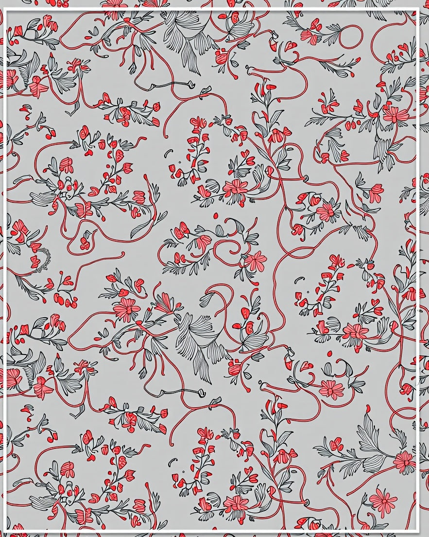 Coral Pink Floral Vines Gray Background Rug