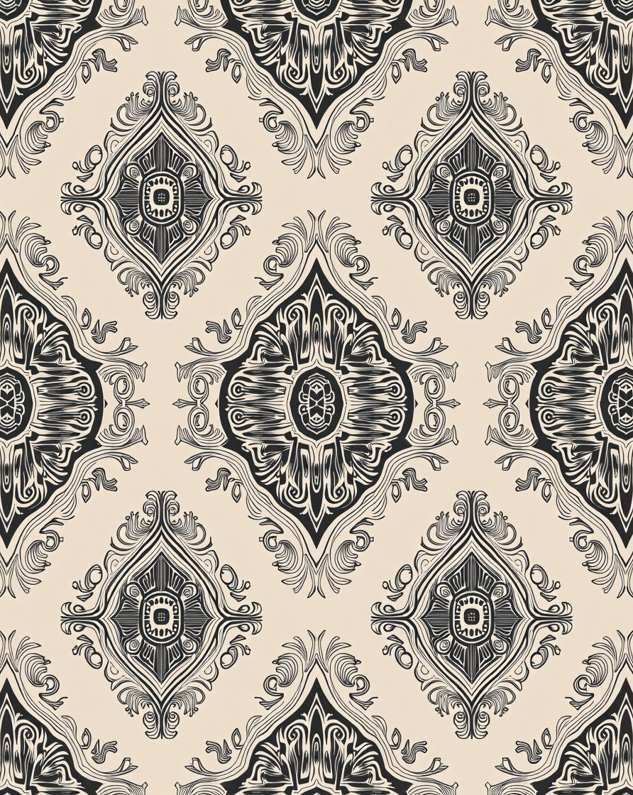 Ornate Black Beige Damask Pattern Rug