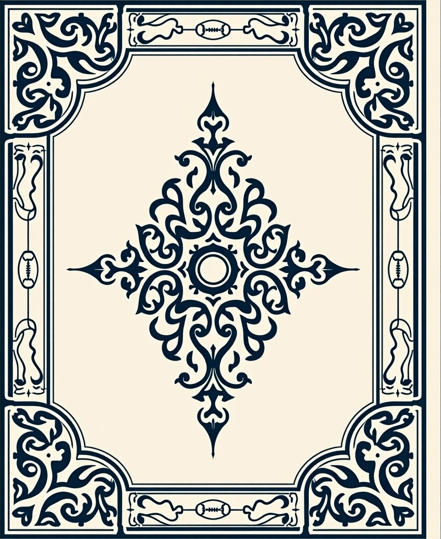 Dark Blue Floral Bordered Medallion Design Rug