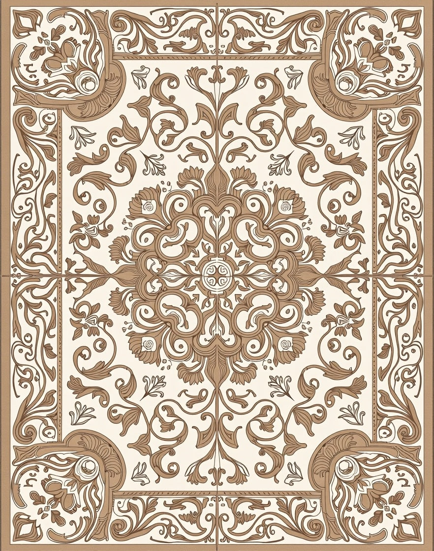 Ornate Brown Floral Scroll Pattern Rug