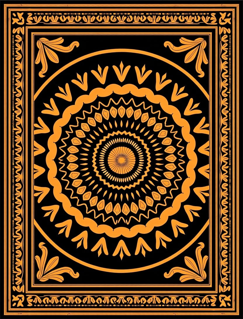 Intricate Orange Black Mandala Border Rug