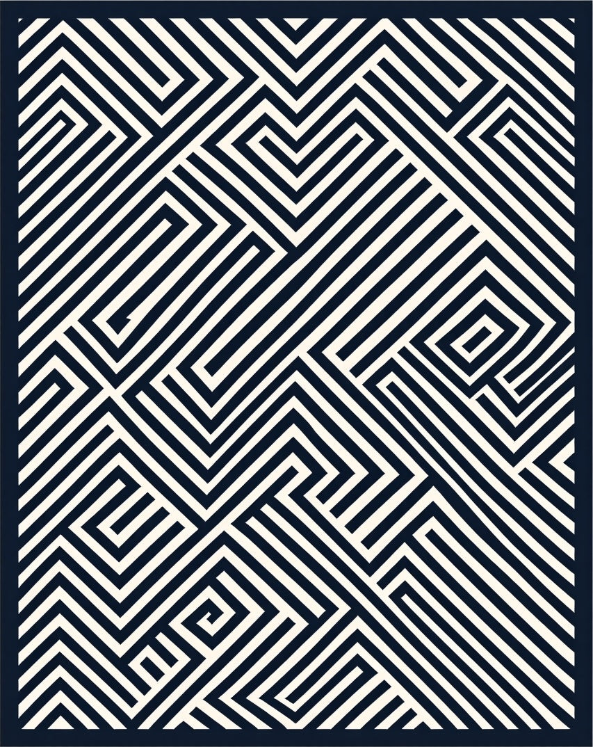 Sharp Black White Geometric Maze Design Rug