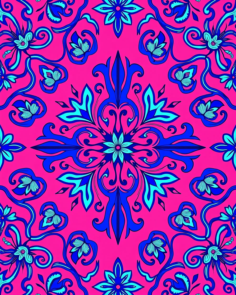 Vibrant Blue Pink Floral Scroll Rug