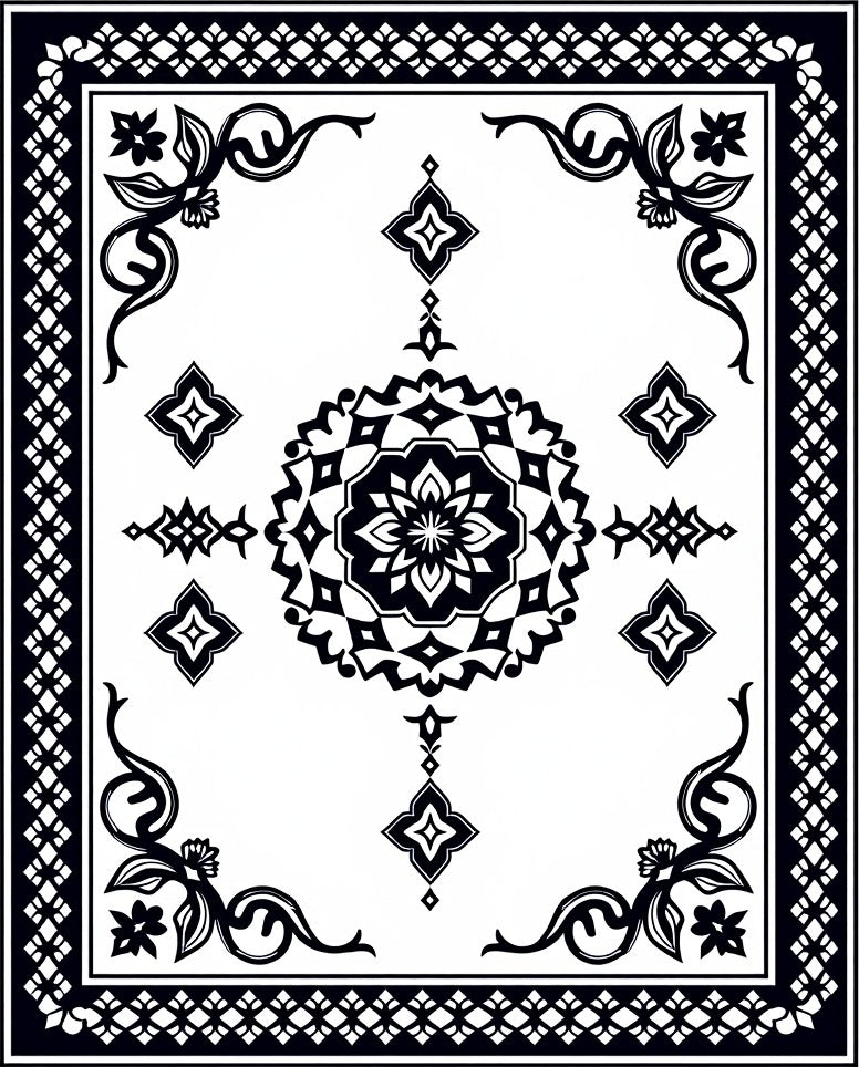 Black White Floral Medallion Rug