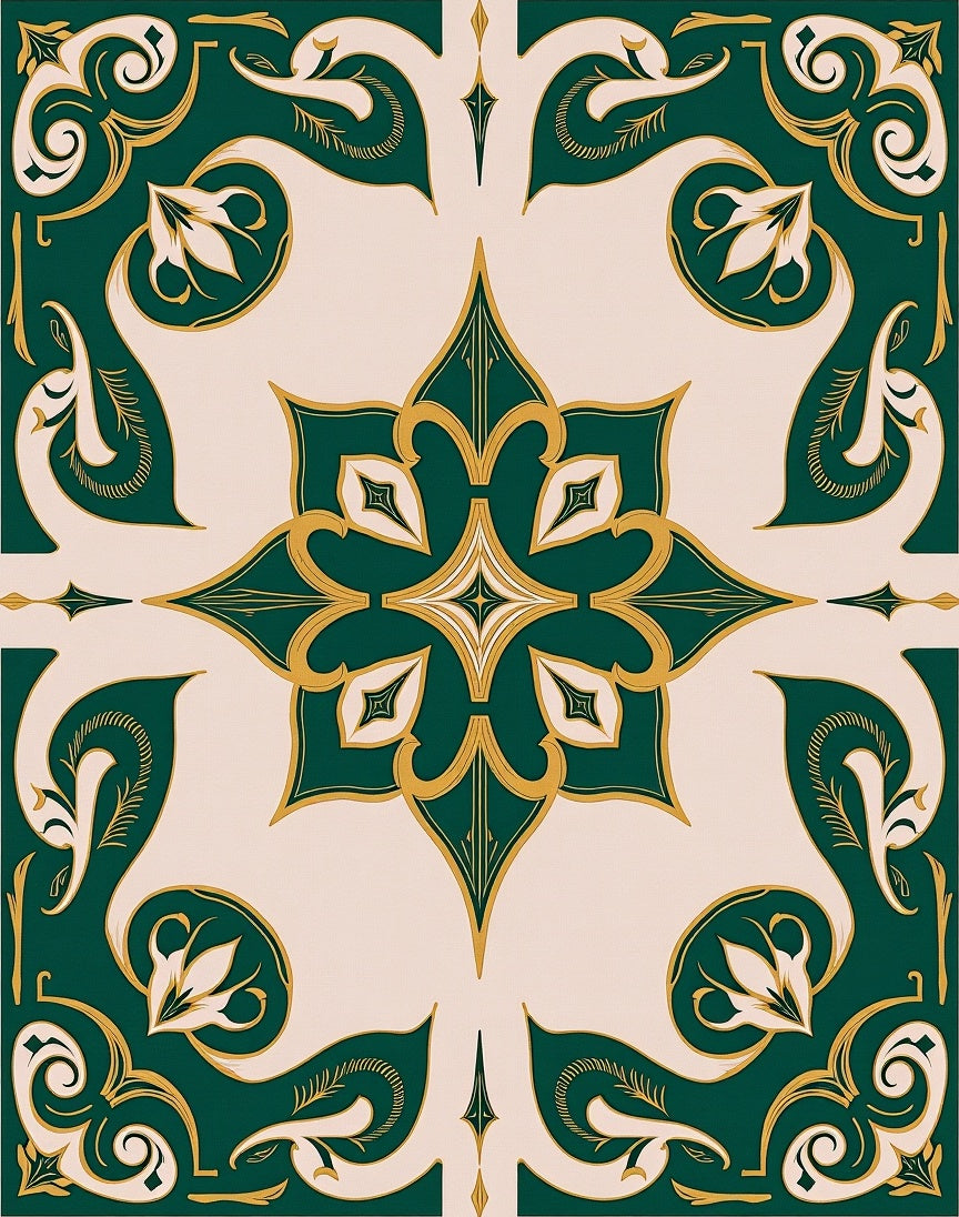 Ornate Emerald Gold Floral Pattern Rug