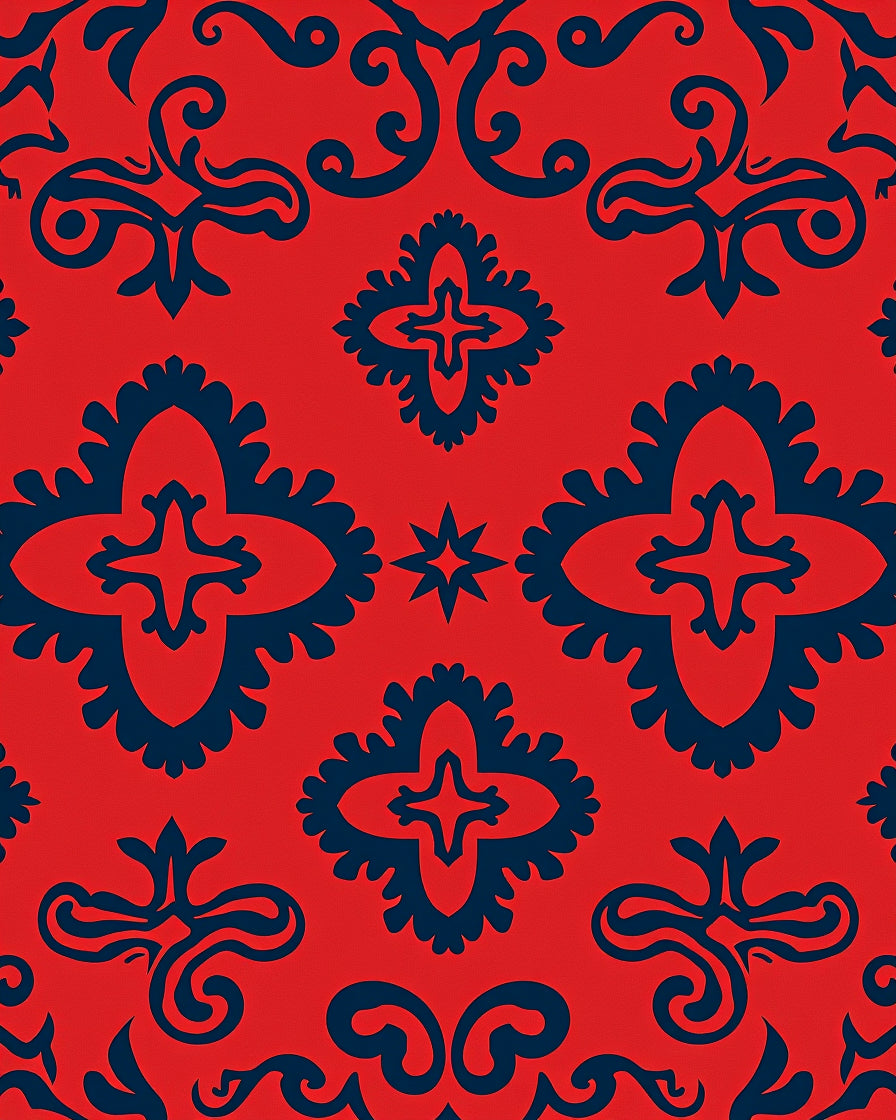 Bold Red Navy Damask Pattern Rug