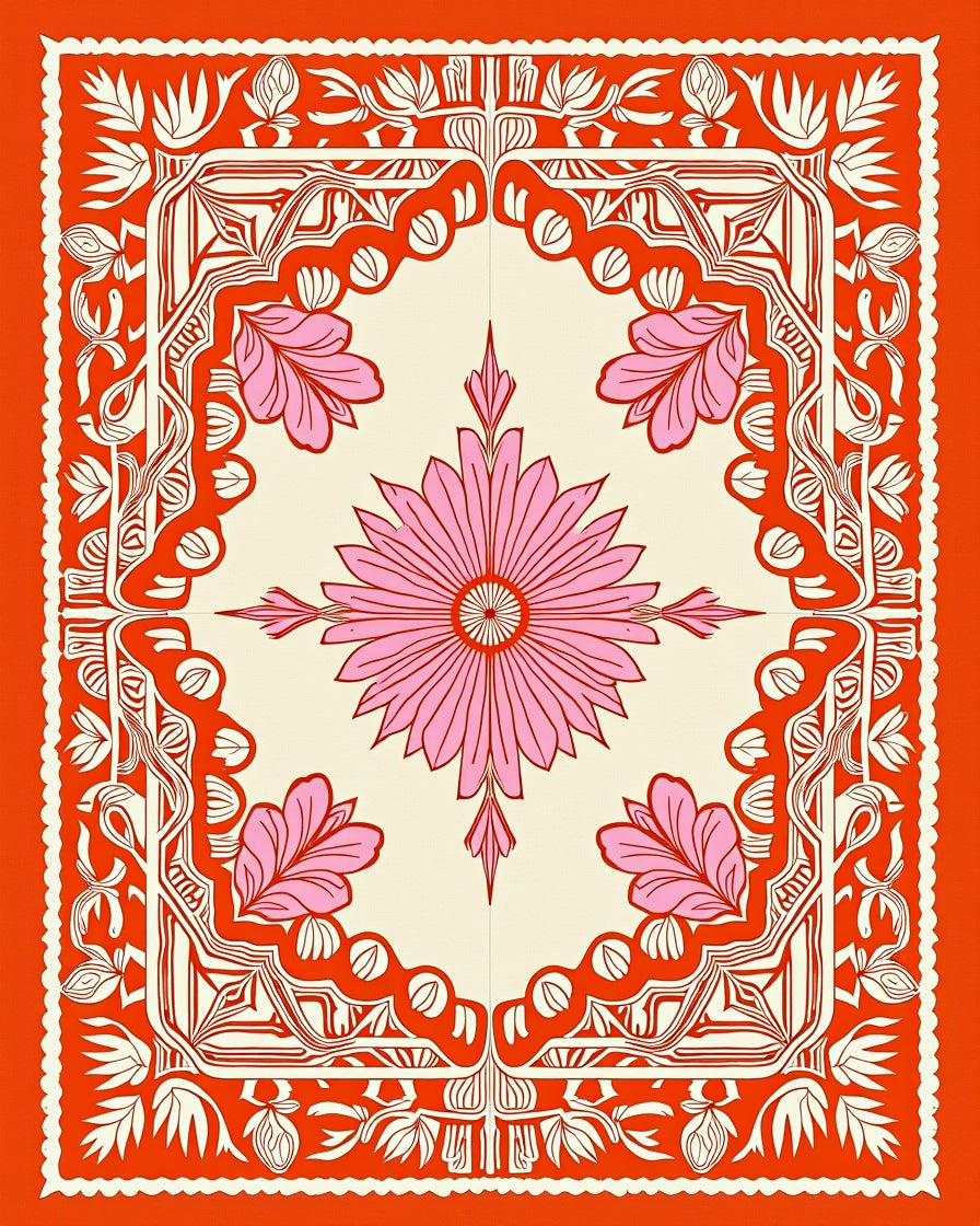 Pink Floral Square Ornamental Rug