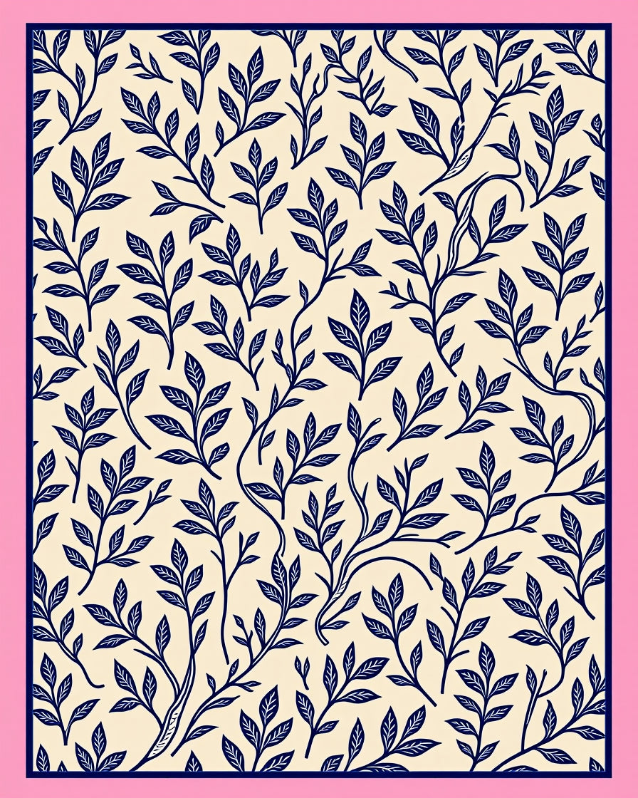Navy Blue Leafy Branches Pattern Rug