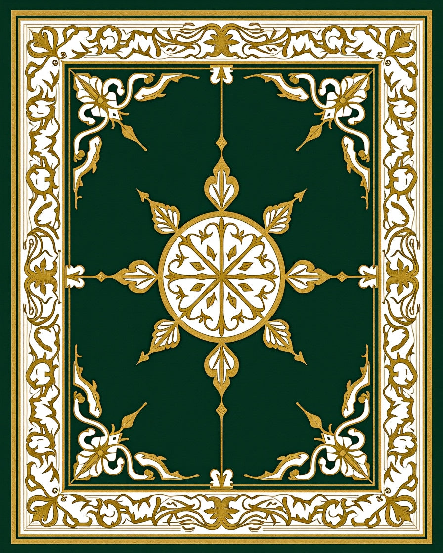 Ornate Green Gold Floral Motif Rug