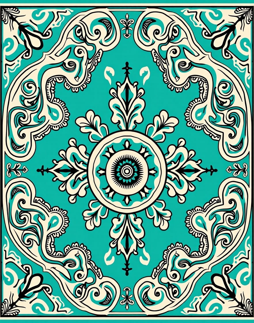Antique Turquoise Floral Scroll Pattern Rug