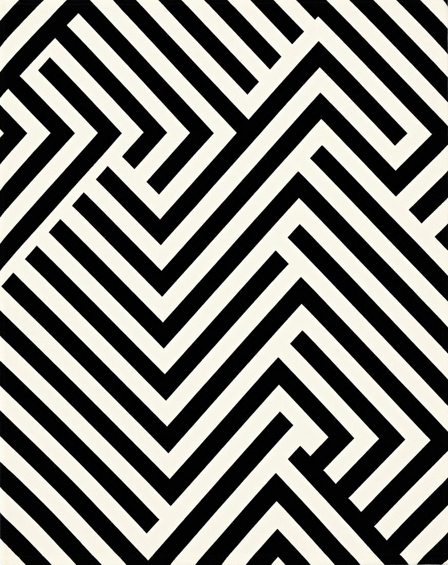 Modern Black White Geometric Maze Design Rug