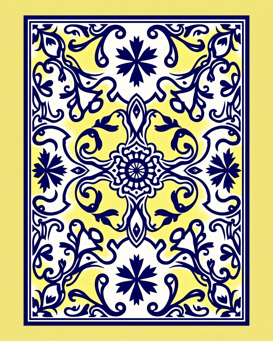 Ornate Blue Yellow Floral Patterned Rug