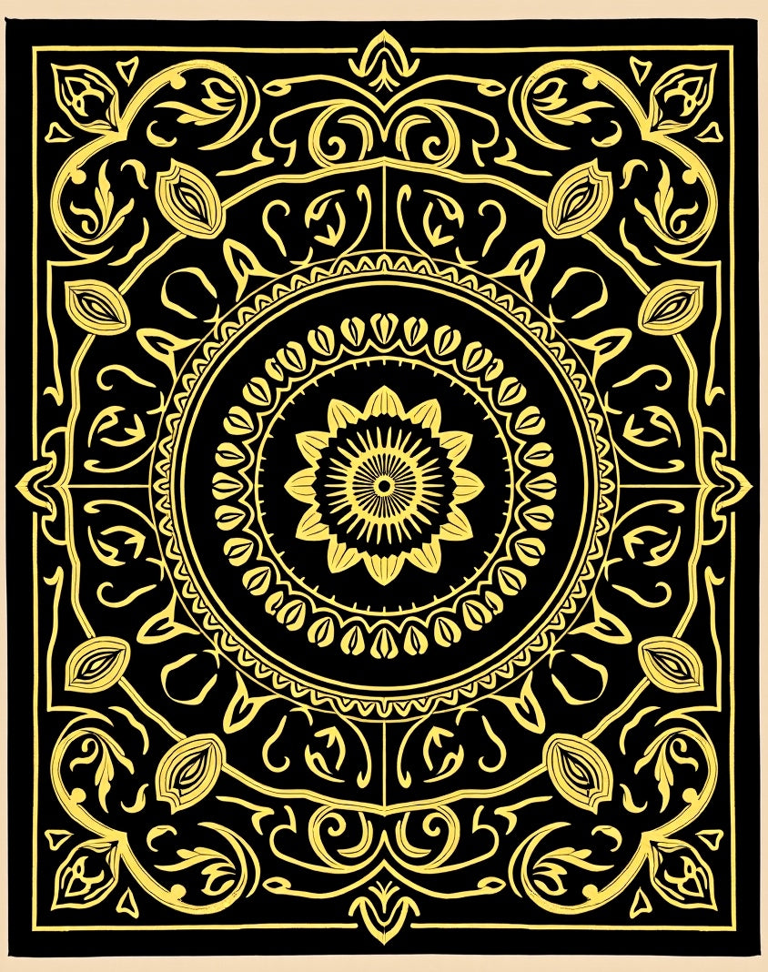 Black Gold Intricate Floral Mandala Design Rug