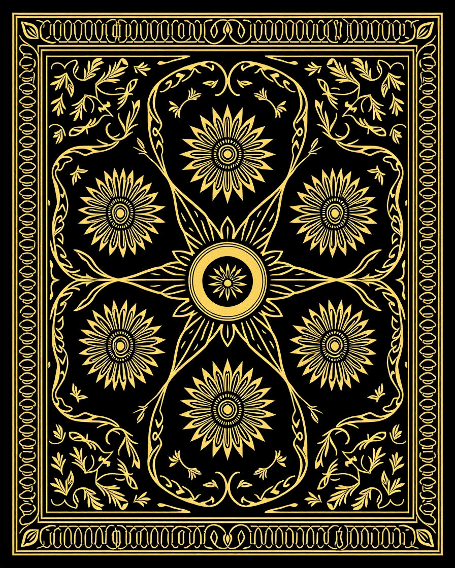 Golden Sunburst Floral Border Rug