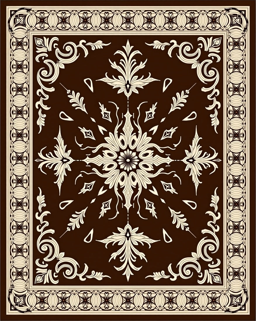 Rich Brown Cream Floral Scroll Border Rug