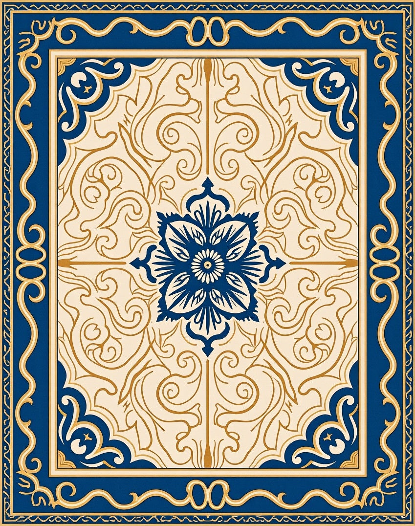 Classic Blue Gold Floral Filigree Rug