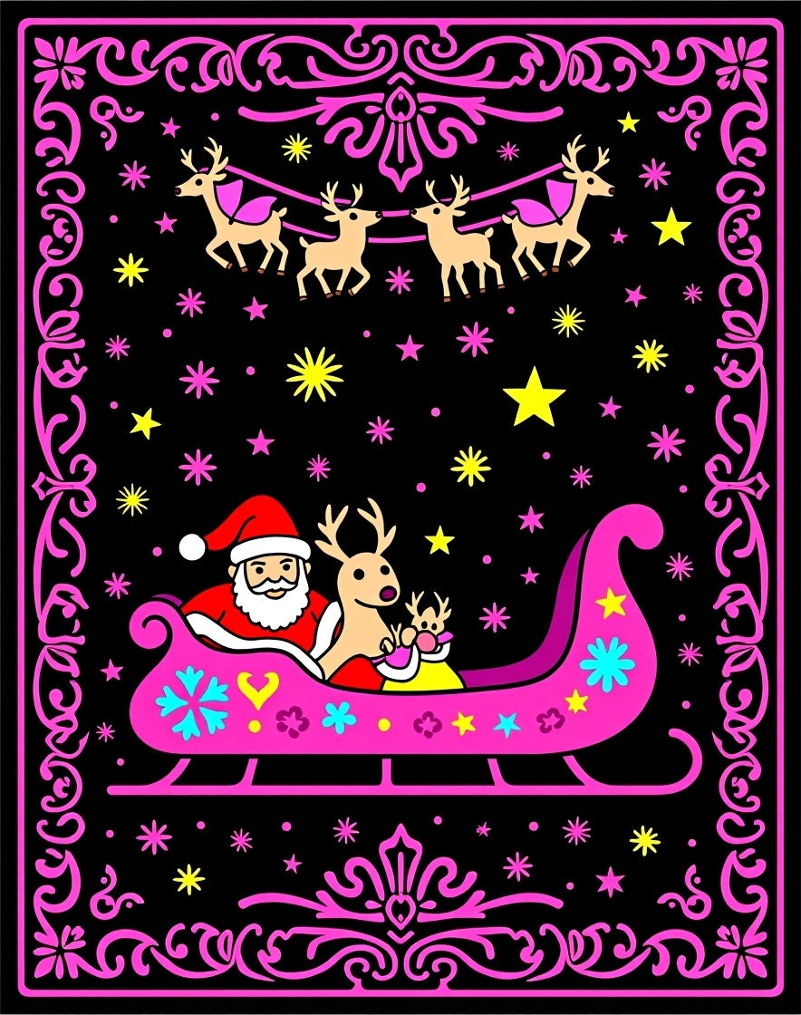 Pink Santa Sleigh Reindeer Christmas Night Rug