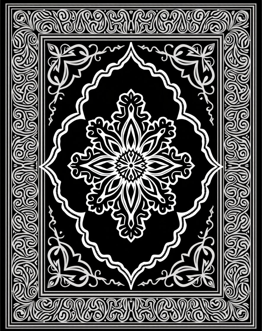 Ornate White Floral Black Pattern Rug