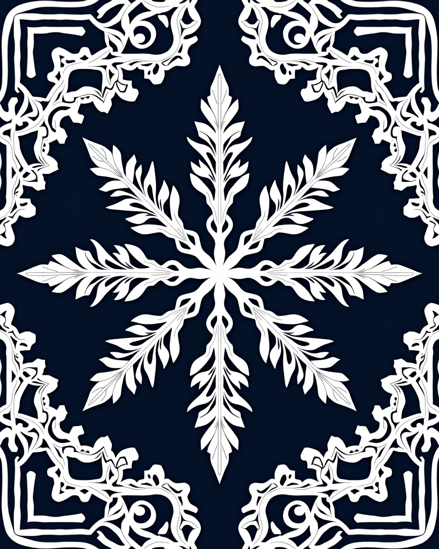 White Floral Mandala Pattern on Navy Rug