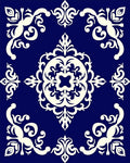 Elegant Blue Ivory Scrollwork Damask Rug