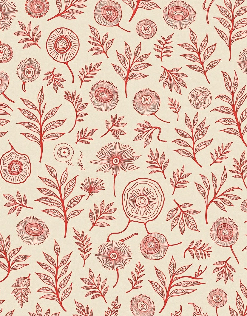 Red Floral Line Art Pattern Rug