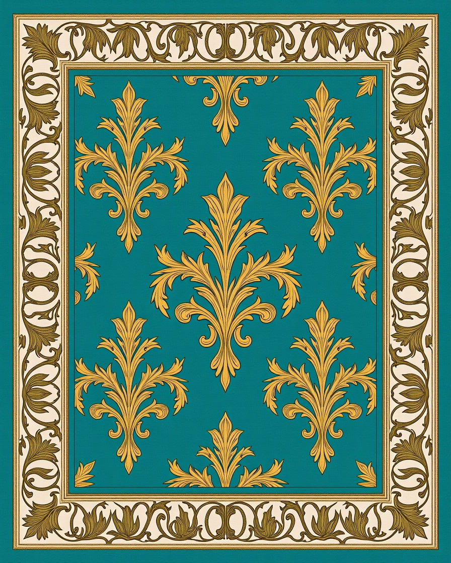 Elegant Gold Leaf Teal Damask Rug