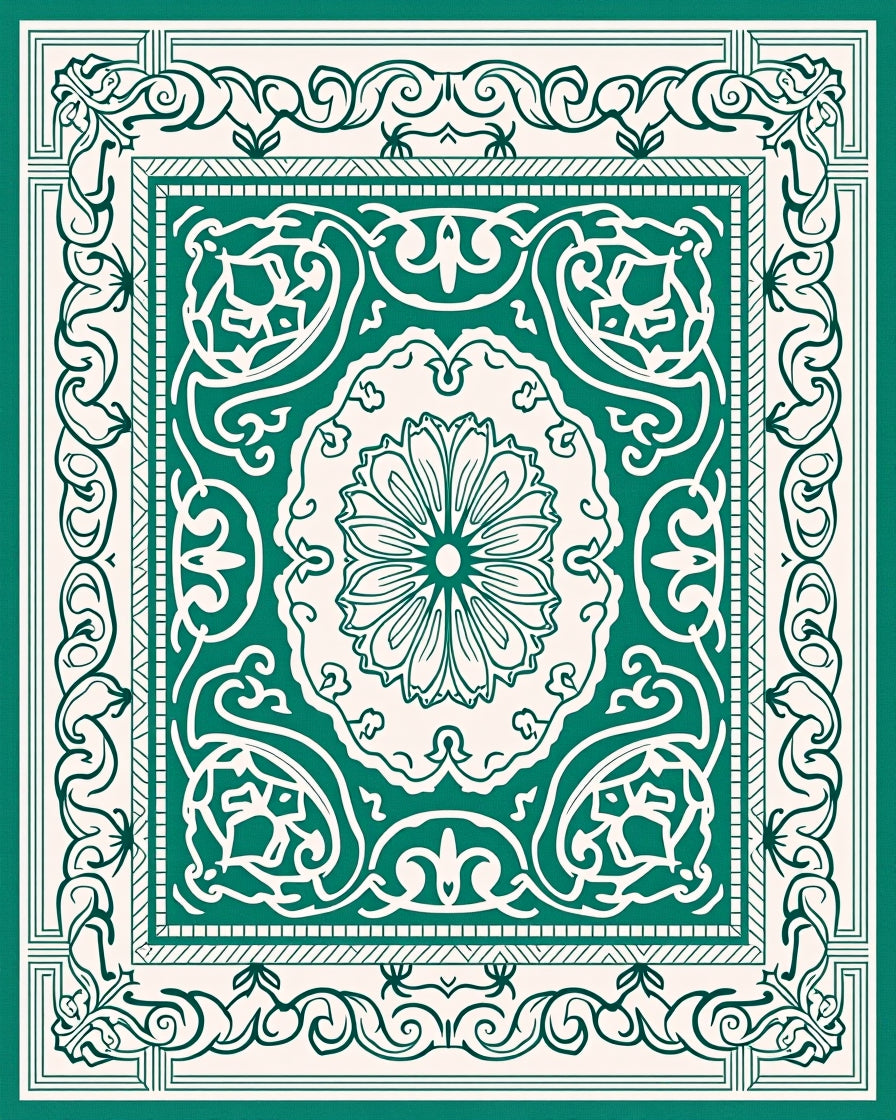 Green Floral Medallion Border Pattern Rug