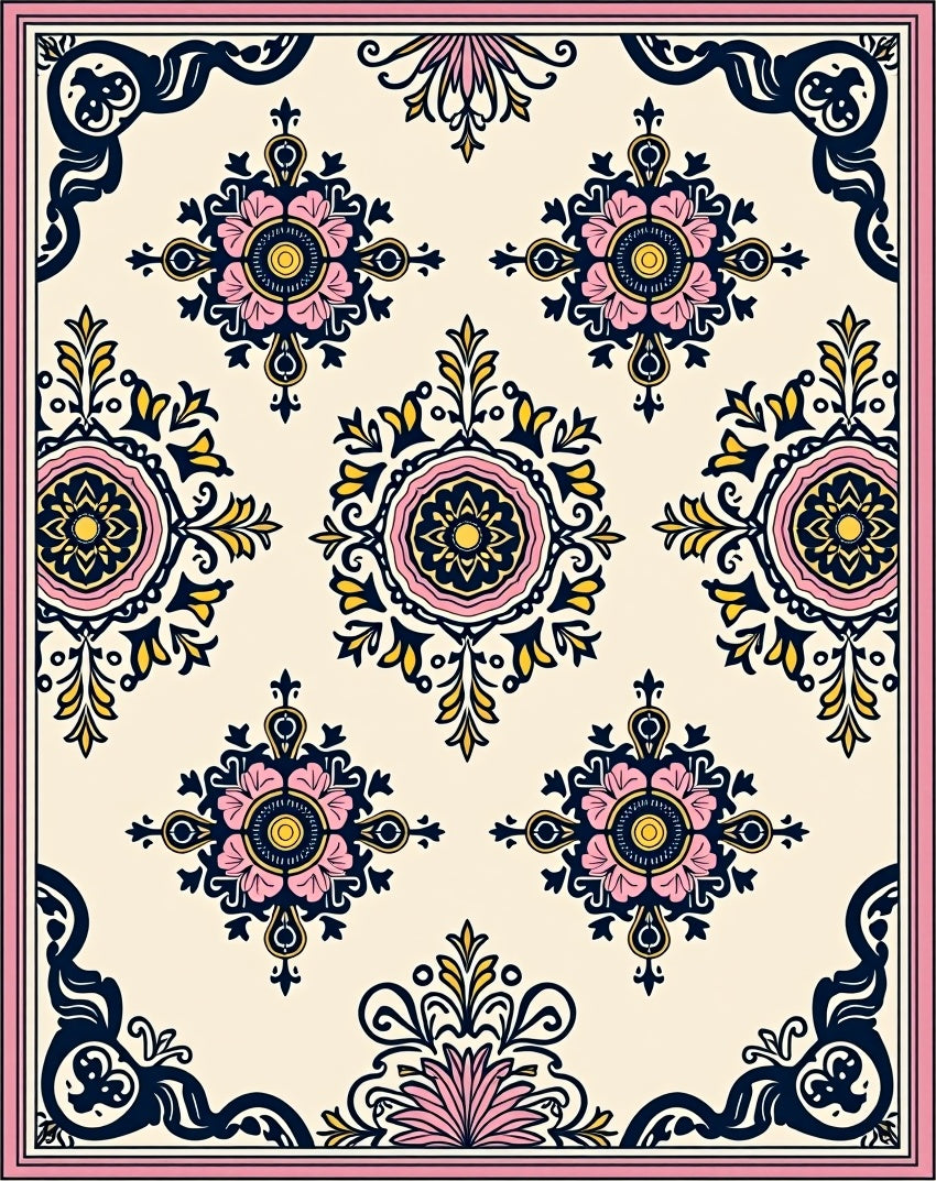 Floral medallions and ornate corner patterns Rug