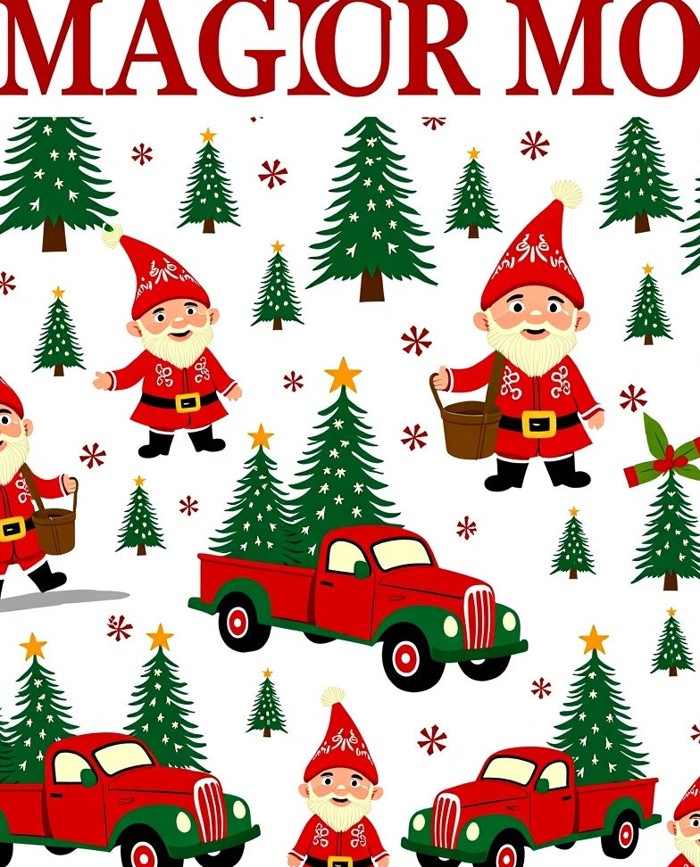 Cheerful Gnomes Red Truck Christmas Trees Rug
