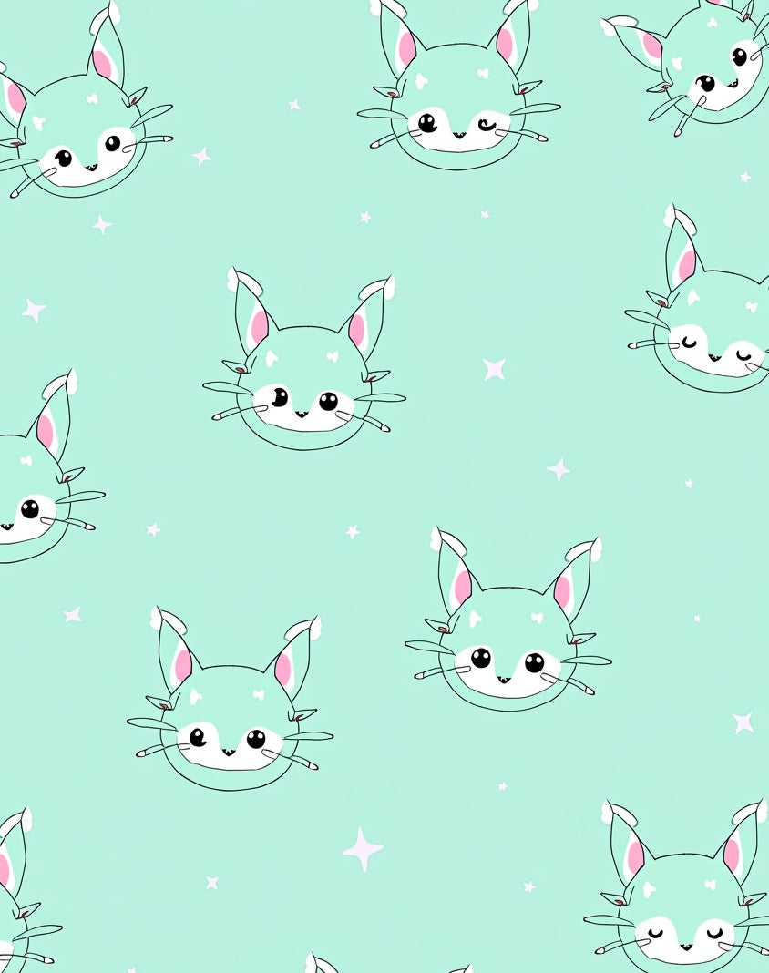 Cute Mint Cat Star Pattern Rug