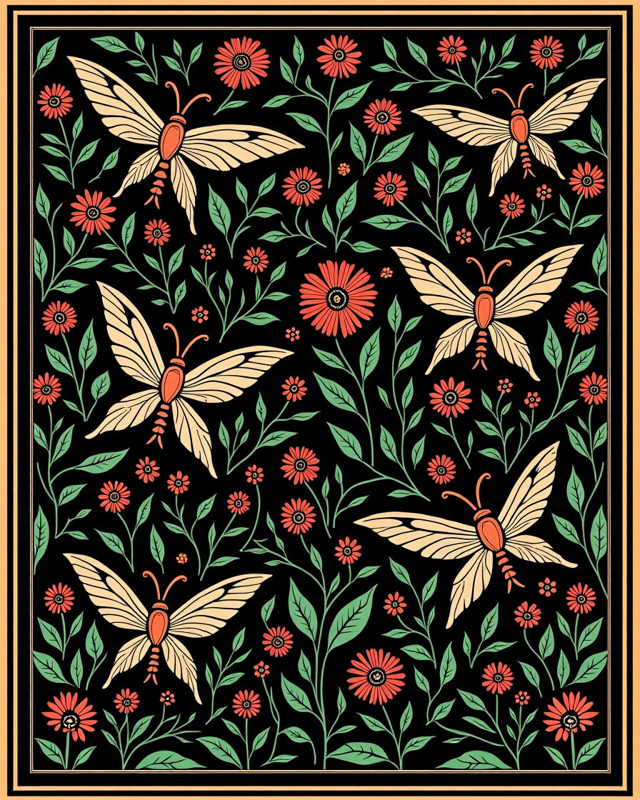 Vintage Butterfly and Floral Pattern Rug