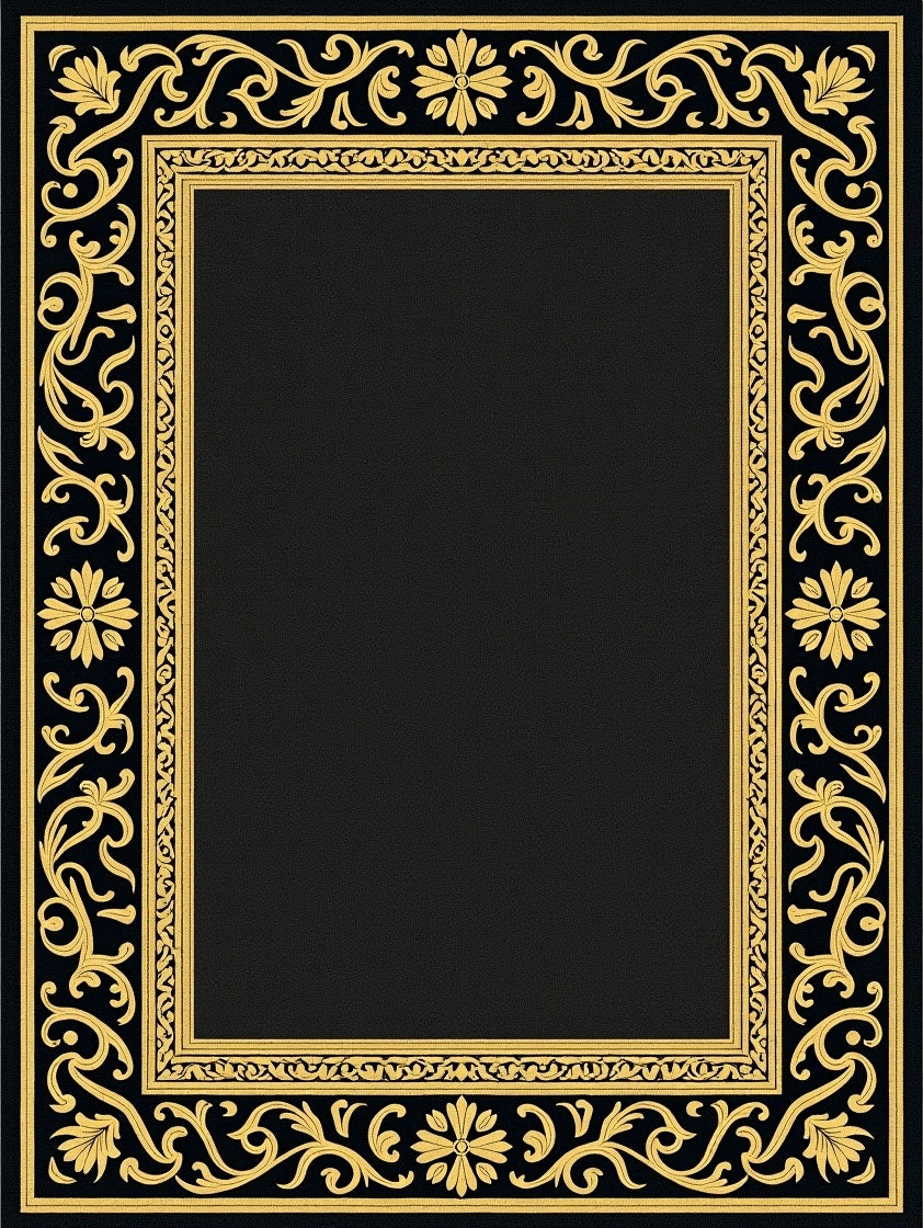 Elegant Black Gold Floral Frame Rug
