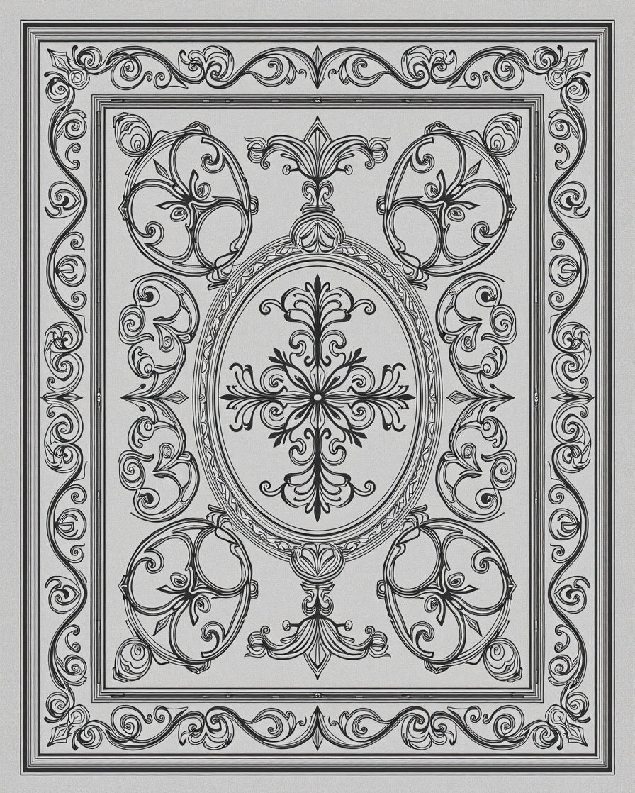 Intricate Scrollwork Oval Medallion Design Rug
