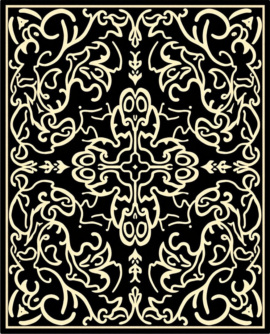 Elegant Black Ivory Scroll Pattern Rug