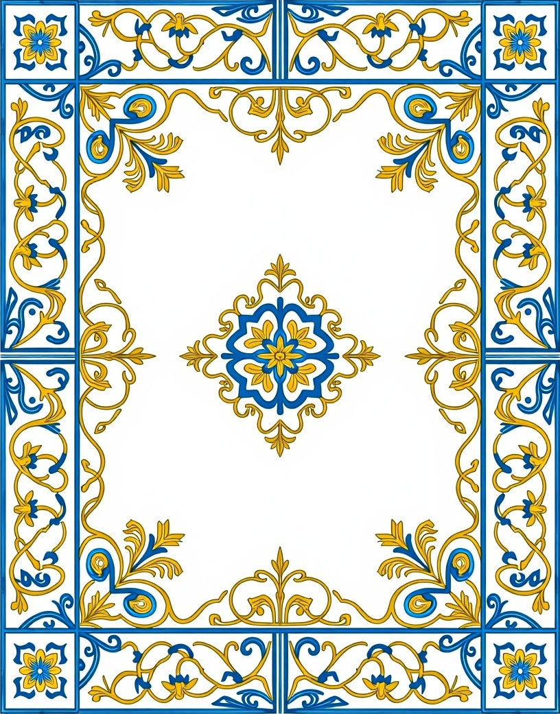 Royal Blue Yellow Floral Scroll Border Rug