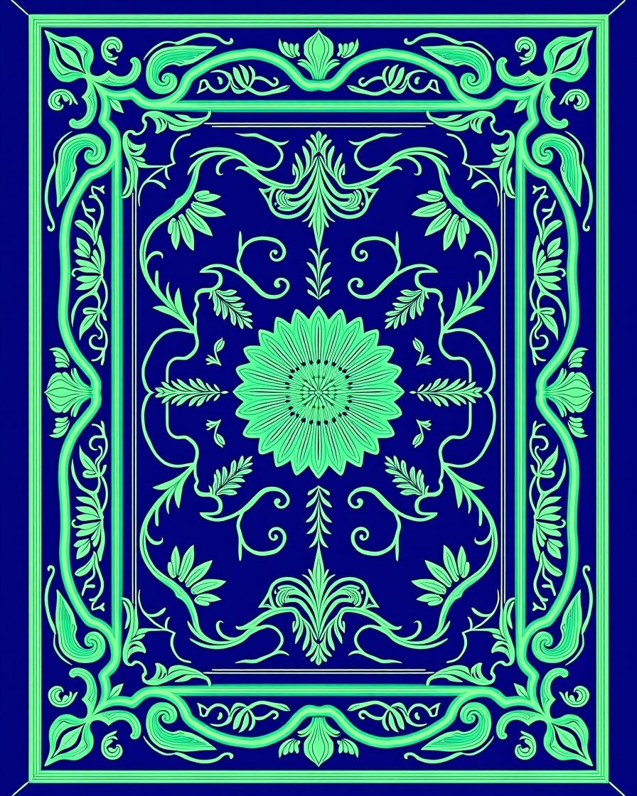 Ornate Floral Design In Blue And Green Rug