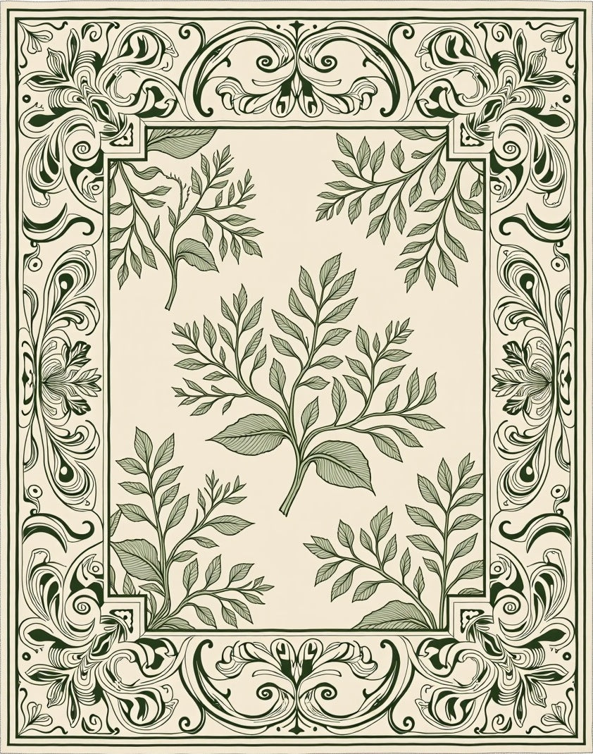 Ornate Green Leafy Vine Border Rug