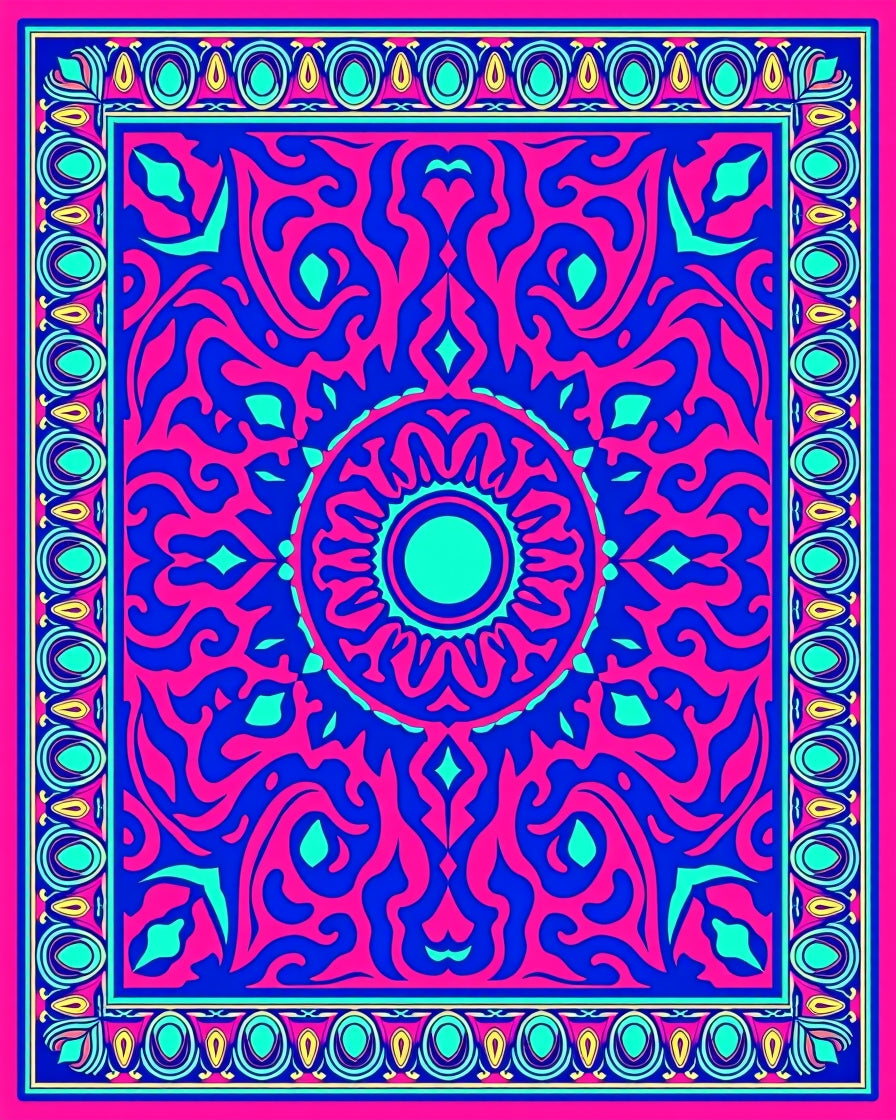 Vibrant Pink Blue Floral Mandala Design Rug